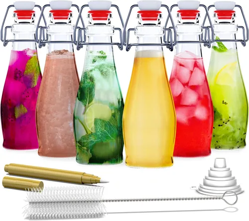 Nevlers Botellas de vidrio con tapa abatible de lágrima de 8.5 onzas con tapones, botella de vidrio hermética con tapa abatible, juego de 6 botellas