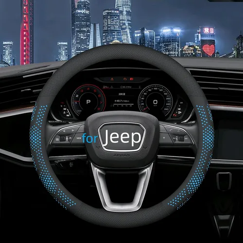Yangday Funda de cuero para volante de automóvil para Jeep Wrangler Grand Cherokee Compass, 14.5-15 pulgadas, funda antideslizante transpirable Azul