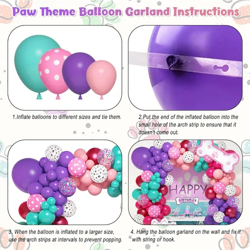 Miniatura 3 de Kit de arco de guirnalda de 147 piezas de globos con diseño de pata con globos con estampado de pata de perro rosa, morado, turquesa, globos