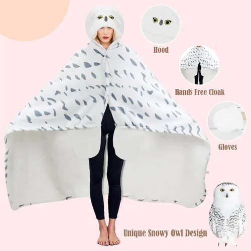 Miniatura 3 de Manta con capucha, diseño de búho nevado con guantes, regalo de búho súper suave para adultos y niños, cumpleaños