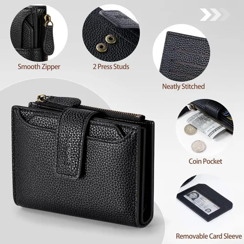 Miniatura 5 de GSOIAX Billetera pequeña de piel auténtica para mujer, con bloqueo RFID, plegable, delgada, con bolsillo para monedas con cremallera y ventana