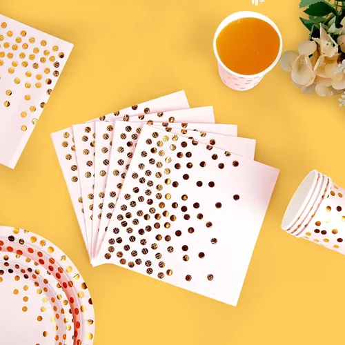 Miniatura 4 de Suministros de fiesta rosa y dorado, juego de vajilla desechable de 350 piezas, platos de papel rosa, servilletas, vasos, tenedores de plástico Rosa