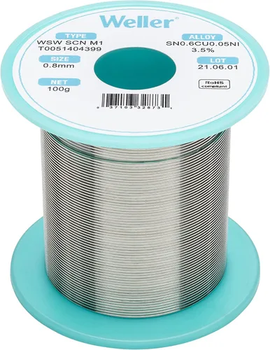 Weller WSW SCN M1 (T0051404399) Alambre de soldadura sin plomo, diámetro: 0.8 mm / 0.039 in, peso: 100 g / 3.527 oz, aleación Sn99.3Cu0.6Ni0.05,