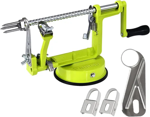 Pelador de manzanas, cortador y descorazonador de papas 3 en 1, de acero inoxidable resistente con base de ventosa y 3 cuchillas extra (Verde)