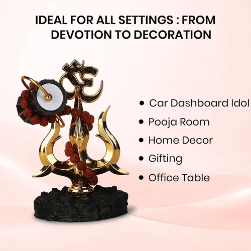 Miniatura 5 de Trishul chapado en oro con símbolo Damru y Om (4 pulgadas) – Tridente Shiva de resina antigua para Puja, Real Rudraksh Mala Shiva, ídolo de Shiva