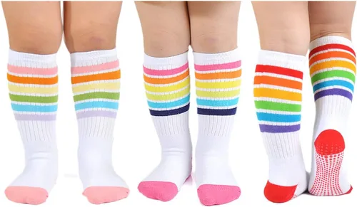 Miniatura 29 de EPEIUS Calcetines altos hasta la rodilla con rayas de arco iris para bebé, calcetines de tubo antideslizantes para uniforme de fútbol para niños