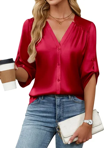 Miniatura 10 de Blooming Jelly Camisas con botones para mujer de manga 3/4, tops casuales elegantes, blusas de negocios de satén de seda plisado 2025