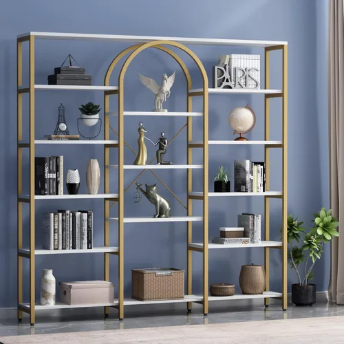 Miniatura 6 de Gyfimoie Estantería dorada triple ancha, 70.87 pulgadas de ancho x 71.34 pulgadas de alto, estantería grande y moderna Etagere con estantes abiertos