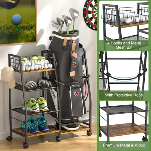 Miniatura 2 de DAOUTIME Estante de Almacenamiento para Bolsa de Golf de Garaje con Ruedas, Organizador para Bolsa de Golf Individual y Accesorios de Equipo, Ideal