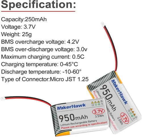 Miniatura 3 de MakerHawk Batería LiPo de 3.7 V 950 mAh recargable 1S 3C batería de polímero de litio con placa de protección cinta de goma aislada, enchufe micro