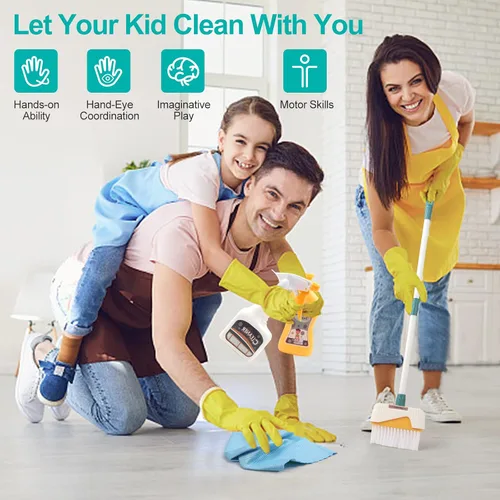 Miniatura 6 de Juego de limpieza para niños de 12 piezas, incluye escoba, recogedor, trapeador, cepillo, aerosol, raspador, cubo, esponja y más, kit de limpieza