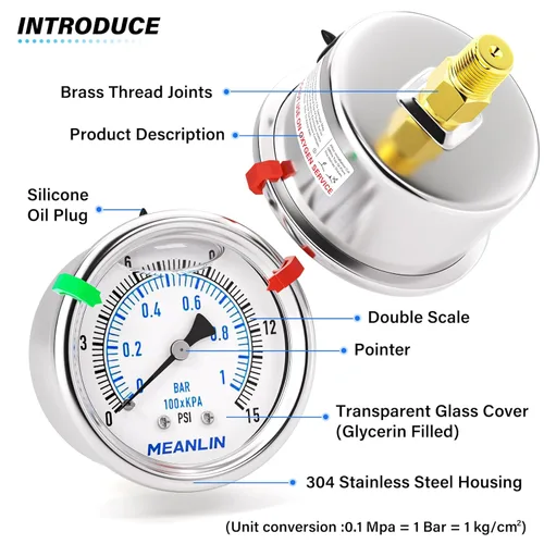 Miniatura 3 de MEANLIN MEASURE Medidor de presión de acero inoxidable con relleno de líquido bajo de 0 ~ 15 psi, esfera de cara NPT de 2 pulgadas para agua
