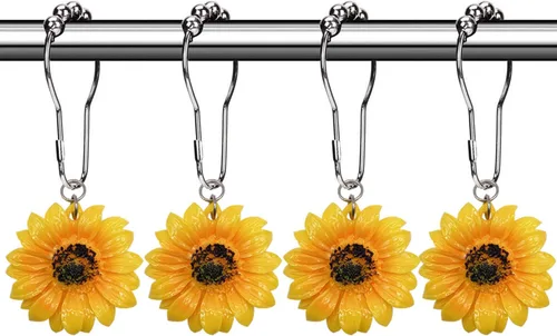 CHICTIE Anillos de ganchos para cortina de ducha con flores, 12 piezas decorativas a prueba de óxido para juego de baño (girasol amarillo)