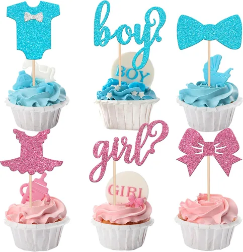 Paquete de 24 adornos para cupcakes para niños o niñas, con purpurina rosa y azul, palillos para cupcakes de baby shower, corbatín, mameluco, mono,
