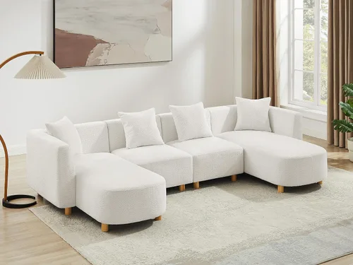 Miniatura 14 de VANOMi 279 cm Sofá modular seccional con 3 almohadas, cómodo sofá de chenilla en nube convertible de 5 plazas con reposapiés, sofás seccional