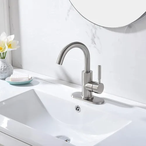 Miniatura 8 de Grifo de acero inoxidable de arco alto de un solo mango para fregadero de precocina/fregadero de bar/fregadero de baño por Phiestina, con placa