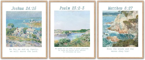 Impresión cristiana de versículos bíblicos, juego de 3, sin marco, Joshual 24:15, Salmo 23, Mateo 8:27, carteles vintage para decoración del hogar