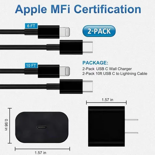 Miniatura 6 de FEEL2NICE Cargador de iPhone de carga rápida, paquete de 2 bloques de carga de pared tipo C con 2 unidades [6 pies y 10 pies] cable USB C a Negro