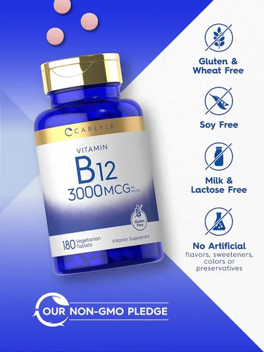 Miniatura 4 de Carlyle Vitamina B12 3000 mcg 180 tabletas Suplemento vegetariano Sin OMG y sin gluten