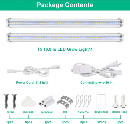 Miniatura 7 de Luces de cultivo T5 de espectro completo de 5000 K, lámpara de cultivo de plantas de 1.4 pies (4 piezas x 10 vatios), tiras de luz LED conectables