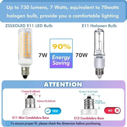 Miniatura 4 de [Paquete de 5] Bombilla LED E11 de 7 W, regulable, base de mini candelabro, equivalente a halógeno, equivalente a 75 W, bombilla de maíz T3/T4 JD