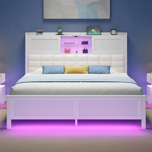 Miniatura 9 de Rolanstar Armazón de Cama Tamaño Twin con Estación de Carga, Cama con Cabecera Estantería con Luz LED y Puertas Corredizas, Cama de Plataforma