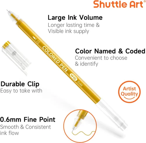 Miniatura 3 de Shuttle Art - Bolígrafos de colores, 22 tonos negro, blanco, gris y metálico, lindos bolígrafos para diario, 0.6mm de punta fina, bolígrafos de gel