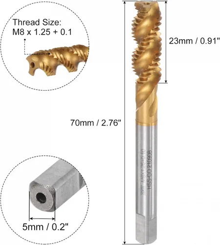 Miniatura 2 de uxcell Machos de roscar para flauta en espiral, M8 x 1,25 + 0,1 métricas de acero de cobalto recubierto de titanio de alta velocidad para máquina