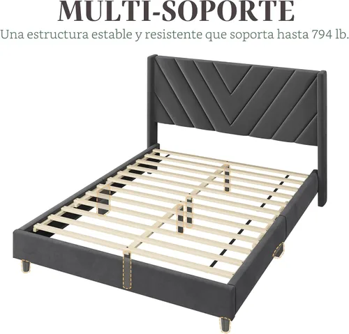 Miniatura 9 de Yaheetech Base de cama tamaño Queen con plataforma tapizada con lados en forma de ala/soporte de listones de madera/cabecera copetada con lado