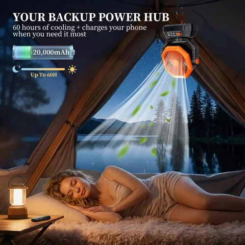 Miniatura 3 de AJVV Ventilador de camping con luz, control remoto y oscilación, ventilador colgante de tienda de campaña a batería, recargable portátil para Naranja