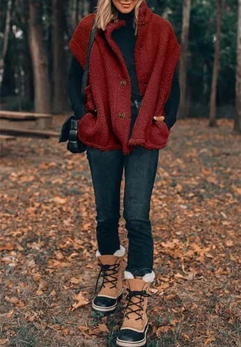 Miniatura 4 de Hongqizo - Chaleco de forro polar mullido para mujer, casual, de gran tamaño, cálido, con botones, chaqueta de sherpa con bolsillos