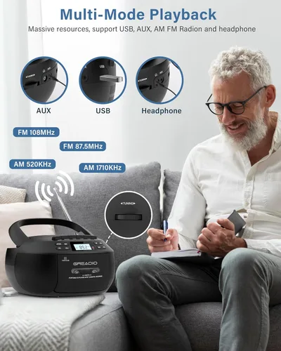 Miniatura 6 de Greadio Boombox - Reproductor de CD y cassette, Boom Box, reproductores de CD portátiles para el hogar con Bluetooth, compatible con radio AM FM