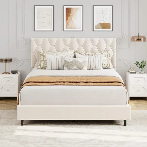 Miniatura 19 de GAOMON Base de cama individual XL beige con cabecera tapizada, base de cama de plataforma resistente con listones de madera fuertes, no necesita