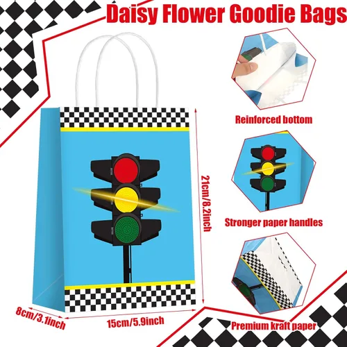 Miniatura 2 de Outus 24 bolsas de recuerdo de fiesta de auto de carreras, suministros de fiesta de cumpleaños, bolsas de regalo con asas para bandera a cuadros