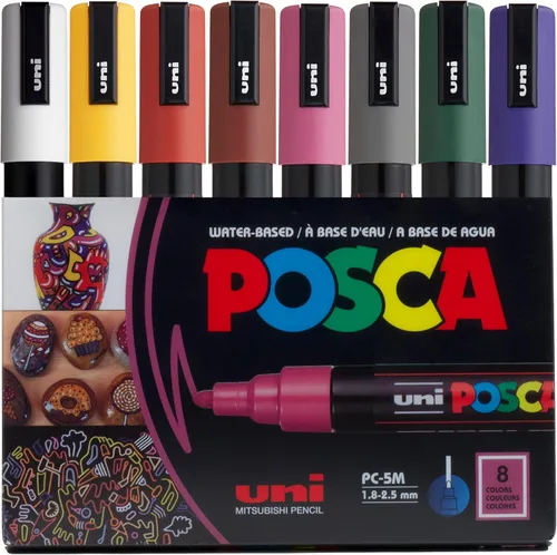 Posca Juego de rotuladores, 8 marcadores de pintura medianos de 16.4 ft - tonos oscuros - blanco, ocre, rojo rubí, marrón cacao, frambuesa, gris