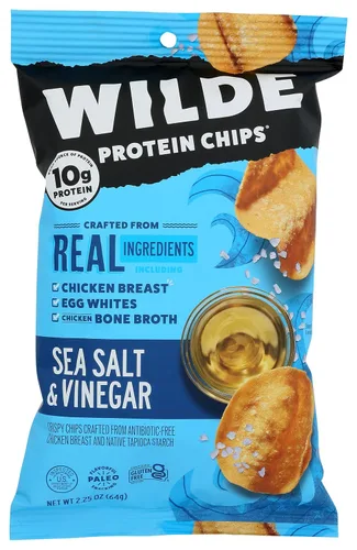 Wilde Chips - Chips de pollo con sal marina y vinagre, finas y crujientes, con alto contenido de proteínas, paleo certificado, hechas con pollo