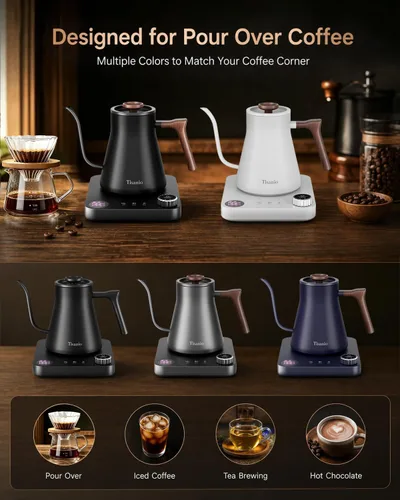 Miniatura 8 de Hervidor eléctrico de cuello de cisne para verter sobre café, control de precisión de ±1 °F, calefacción inteligente de dos etapas, 2 horas