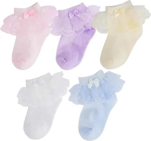 Miniatura 9 de Looching Calcetines de encaje con volantes para niñas pequeñas, de algodón, con volantes, con lazo, paquete de 5