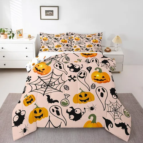 Miniatura 9 de Erosebridal Ropa de cama de Halloween para niños y niñas, juego de edredón espeluznante de dibujos animados, tamaño individual, relleno de edredón