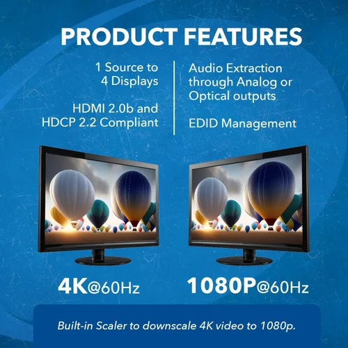 Miniatura 7 de OREI Divisor HDMI 1x4 2.0 con extractor de audio escalador 4 puertos con Full Ultra HDCP 2.4K a 60Hz y 3D compatible con control EDID - UHDS-104A