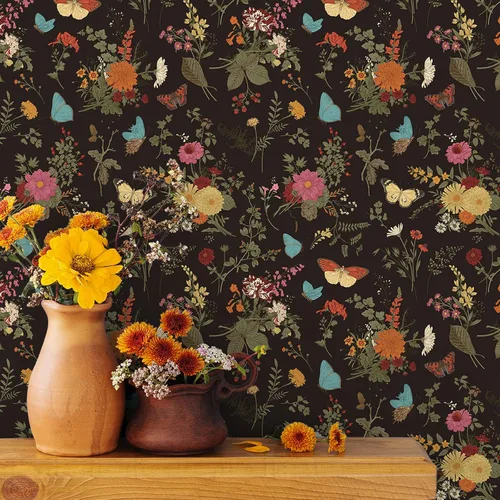 Miniatura 2 de VEELIKE Papel pintado de caléndulas oscuras, mariposas negras vintage, 17.7 x 118 pulgadas, mural de pared floral extraíble, papel de contacto