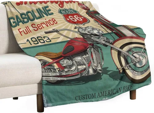 Miniatura 81 de Manta de motocicleta antigua, rústica y clásica, con temática de auto clásico, ruta de EE. UU., 66, patrón impreso, manta de franela súper suave