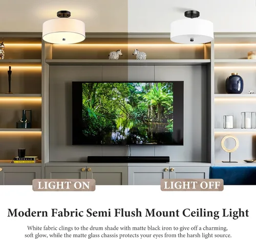 Miniatura 3 de Lámpara de Techo Semiempotrada de 3 Luces, Lámpara de Tambor Negra de 13", Luz de Techo Moderna Cercana al Techo con Pantallas de Tela Blanca Tela