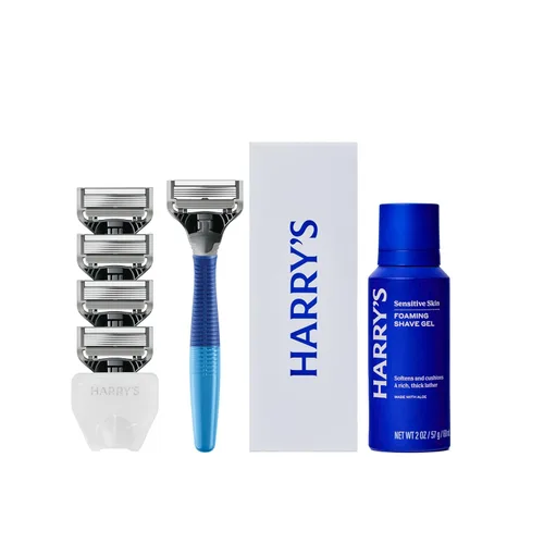 Kit de Afeitado Original Harry's para Hombres - Mango de Navaja, 5 Repuestos de Hoja de Navaja, Gel de Afeitar Espumoso y Cubierta de Hoja para