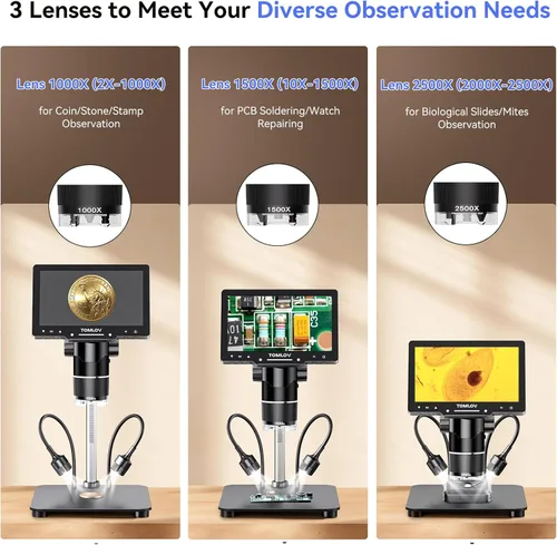 Miniatura 3 de TOMLOV TriL107 Microscopio digital de 3 lentes: Lupa de microscopio de monedas HDMI de 7 "2500X 2K para visión completa de monedas con pantalla IPS