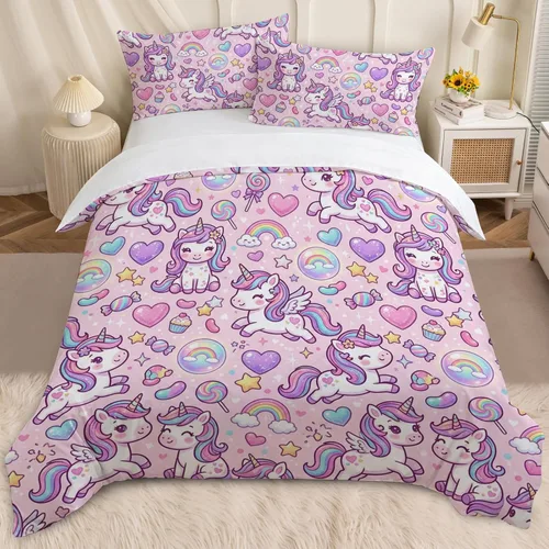Miniatura 13 de BEDMUST Funda de edredón de unicornio tamaño individual, suave y lindo juego de ropa de cama de unicornio rosa con hojas de flores y pájaros azules