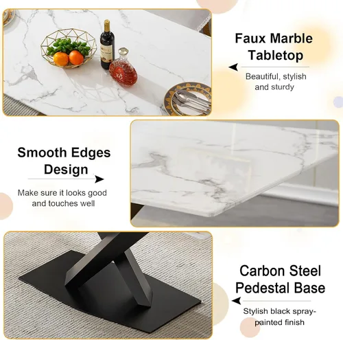 Miniatura 5 de Juego de mesa de comedor de mármol blanco para 4, 70 pulgadas, mesa de comedor de mármol blanco con 4 sillas de terciopelo beige y base de acero al