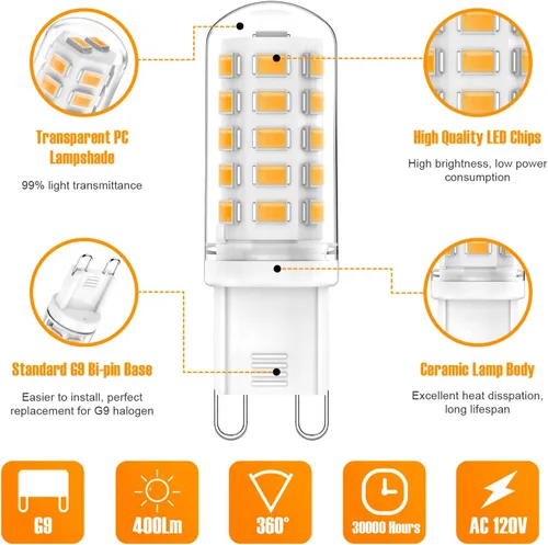 Miniatura 3 de YUIIP Bombillas LED G9 de 2700 K, blanco cálido suave, 4 W (equivalente a halógeno de 40 W), AC120V 400LM G9 bombilla base bi pin para candelabros