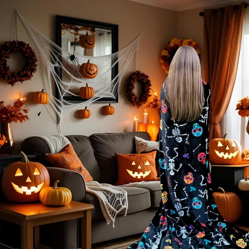 Miniatura 8 de Manta de vellón embrujada de Halloween: manta de forro polar de terciopelo suave con estampado de calaveras de azúcar y esqueleto bailarín