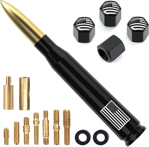 Miniatura 19 de Antena de camión para automóvil con tapas de válvula de neumáticos, bandera estadounidense, repuesto corto universal para GMC Sierra, Chevy, Negro
